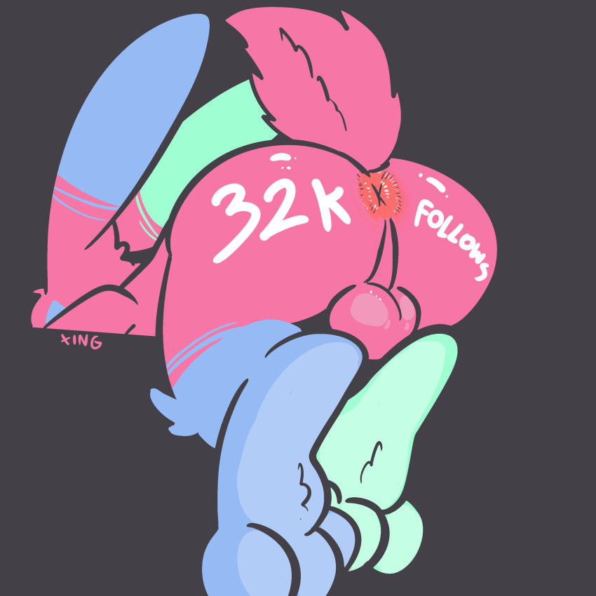 3_toes absurd_res anthro anus backsack balls blue_body blue_fur butt feet fur genitals green_body green_fur grey_background hi_res humanoid_genitalia lagomorph leporid male mammal perineum pink_anus pink_body pink_fur presenting presenting_anus presenting_balls presenting_hindquarters rabbit raised_tail simple_background solo the_xing1 toes xing_(the_xing1)
