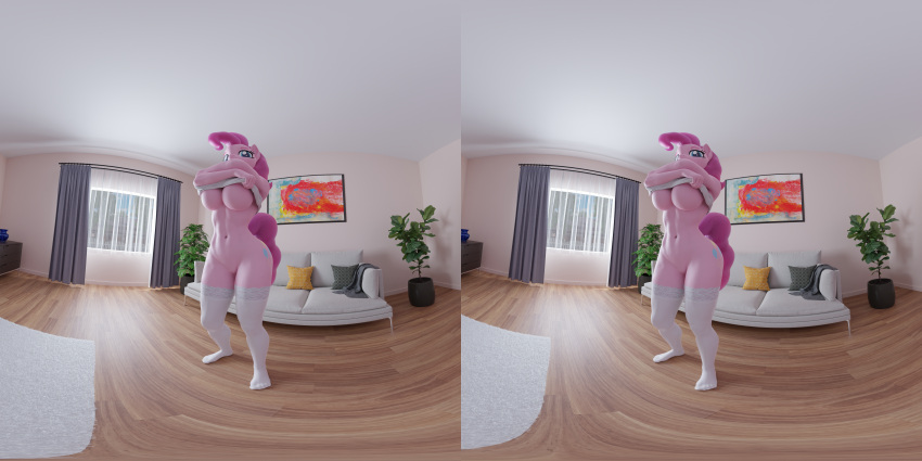 3d_(artwork) absurd_res anthro anthrofied bottomless breasts clothed clothing clothing_lift digital_media_(artwork) equid equine female friendship_is_magic genitals hasbro hi_res mammal muhjob my_little_pony pinkie_pie_(mlp) pussy shirt shirt_lift solo topwear under_boob virtual_reality
