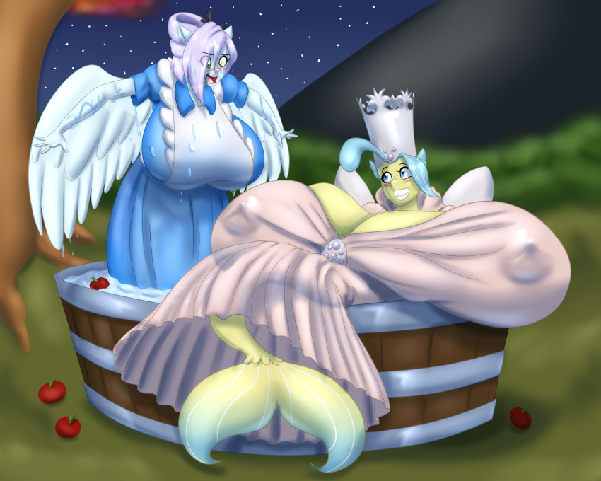 2022 absurd_res anthro apple big_breasts blues64 blush breasts clothed clothing digital_media_(artwork) duo equid equine female fish friendship_is_magic grin hasbro hi_res huge_breasts hyper hyper_breasts mammal marauder6272 marine my_little_pony my_little_pony:_the_movie_(2017) nipple_outline outside pegasus princess_skystar_(mlp) seahorse smile syngnathid syngnathiform water wings