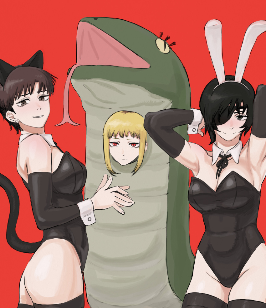 3girls absurdres akane_sawatari_(chainsaw_man) animal_ear_headwear animal_ears black_eyes black_hair black_leggings blonde_hair brown_eyes brown_hair cat_ears chainsaw_man dd36051 detached_collar ear_piercing eyepatch fake_animal_ears forked_tongue highres himeno_(chainsaw_man) leggings madoka's_partner_(chainsaw_man) multiple_girls piercing playboy_bunny rabbit_ears red_background red_eyes simple_background slit_pupils smile snake_costume tongue