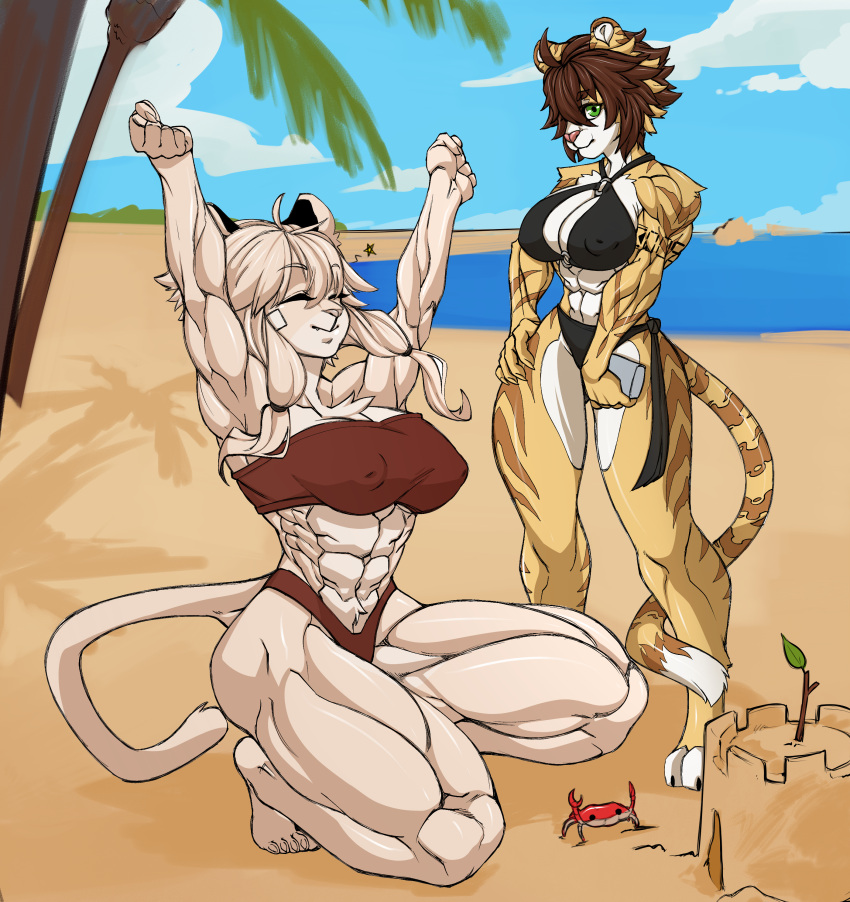 absurd_res anthro big_breasts breasts butt clothed clothing digital_media_(artwork) duo extremedash felid female female/female frankie_(extremedash) fur hair hi_res huge_breasts humanoid hybrid lauren_vanpelt liger liltaiga4 lion mammal muscular muscular_female pantherine simple_background striped_body stripes yellow_body yellow_fur