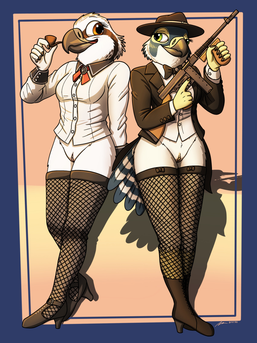 absurd_res accipitriform anthro avian bioshock bioshock_infinite bird black_tie_(suit) boots bottomless bottomless_female bow_tie clothed clothing cosplay duo elizabeth_(bioshock_infinite) falcon falconid female fish_birb fishnet fishnet_legwear footwear genitals gun halloween_costume hat headgear headwear hi_res high_heeled_boots high_heels katie_(fish_birb) legwear lizzy_(fish_birb) no_underwear osprey panties peregrine_falcon pussy ranged_weapon shirt submachine_gun suit thompson_gun topwear underwear video_games weapon