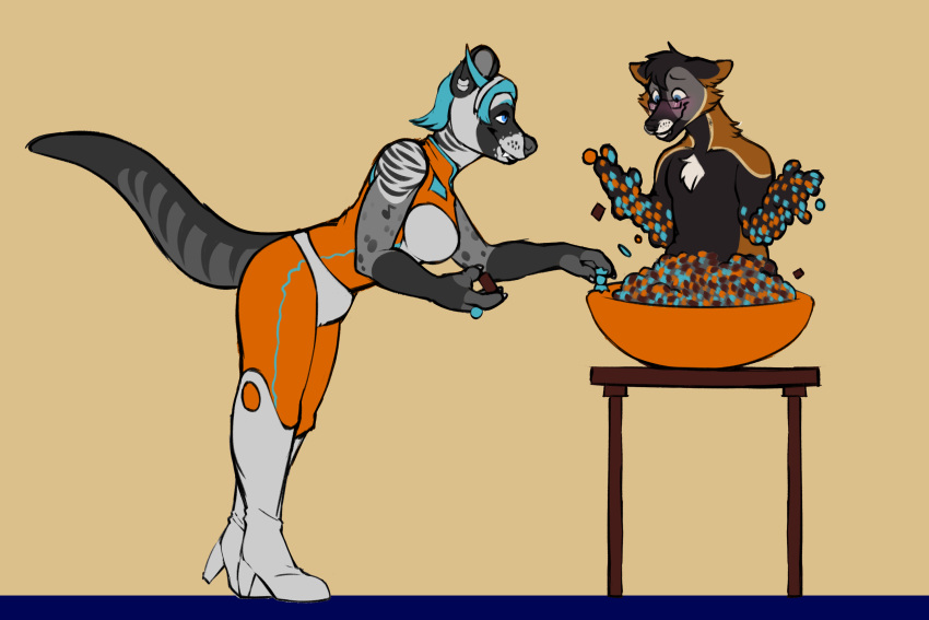 anthro blue_hair boots bowl candy canid canine cassidy_civet civet clothing container dessert doja_cat duo female fetishame food footwear fox hair halloween hi_res holidays male male/female mammal markings orange_jumpsuit striped_markings striped_tail stripes tail_markings transformation trick_or_treat viverrid