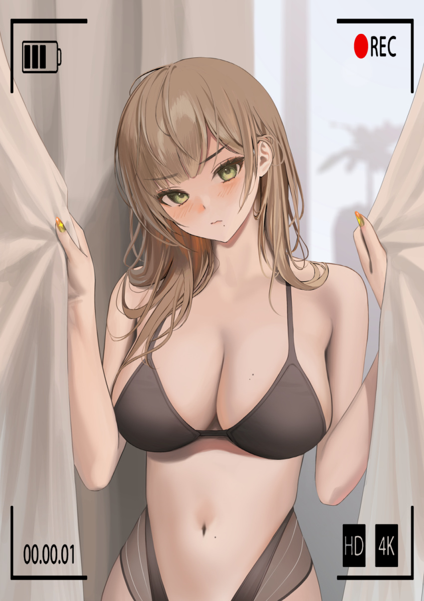 1girl bangs bare_arms bare_shoulders battery_indicator black_bra blush bra breasts brown_hair cleavage closed_mouth curtain_grab curtains frown green_eyes hair_behind_ear head_tilt highleg highleg_panties highres indoors large_breasts lingerie long_hair looking_at_viewer mole mole_on_breast mole_on_stomach mole_under_mouth multicolored_nails nail_polish navel original panties recording sidelocks skindentation solo standing stomach tokkihouse underwear underwear_only upper_body v-shaped_eyebrows viewfinder