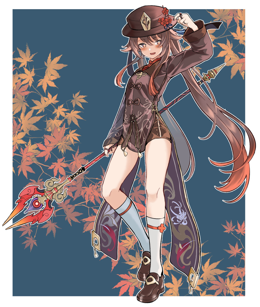 1girl absurdres bangs blush brown_hair brown_headwear flower flower-shaped_pupils full_body genshin_impact gradient_hair hair_between_eyes hako_reeema hat hat_flower highres holding holding_polearm holding_weapon hu_tao_(genshin_impact) kneehighs long_hair long_sleeves low_twintails multicolored_hair open_mouth polearm red_eyes red_flower red_hair shoes short_shorts shorts sidelocks simple_background socks solo spear staff_of_homa_(genshin_impact) symbol-shaped_pupils twintails very_long_hair weapon white_socks