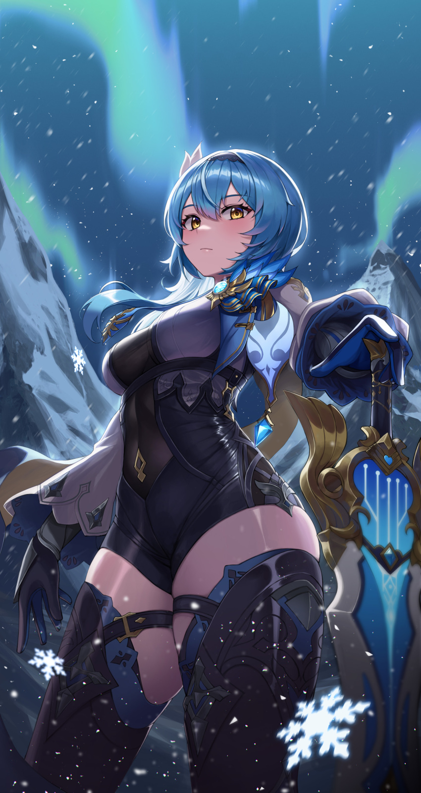 1girl absurdres aurora bangs black_bodysuit black_gloves black_thighhighs blue_hair bodysuit breasts closed_mouth contrapposto eula_(genshin_impact) genshin_impact gloves hand_on_hilt highres long_sleeves looking_at_viewer luc_(kor) medium_breasts medium_hair outdoors planted planted_sword revision sidelocks sky snow snowflakes solo song_of_broken_pines_(genshin_impact) sword thick_thighs thighhighs thighs vision_(genshin_impact) weapon yellow_eyes