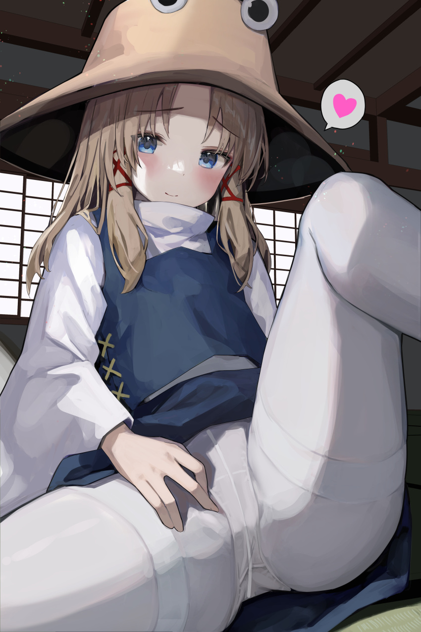 1girl absurdres ass blonde_hair blue_eyes blush closed_mouth commentary_request hair_ribbon hat heart highres indoors light_smile looking_at_viewer mamemochi medium_hair moriya_suwako panties panties_under_pantyhose pantyhose ribbon sitting smile solo spoken_heart spread_legs spread_pussy_under_clothes tatami tights_day touhou underwear white_panties white_pantyhose window