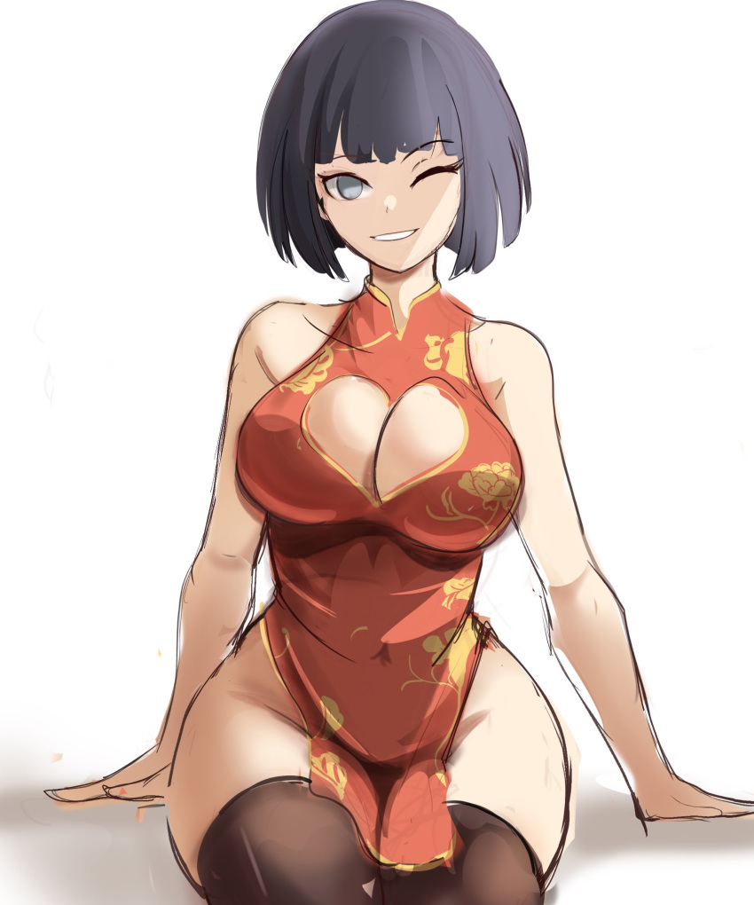 1girl arm_support bangs bare_arms bare_shoulders black_hair black_thighhighs bob_cut breasts china_dress chinese_clothes cleavage cleavage_cutout closed_mouth clothing_cutout curvy dress grey_eyes grin highres hyuuga_hinata impossible_clothes impossible_dress large_breasts naruto naruto_(series) one_eye_closed pelvic_curtain rakeemspoon red_dress short_hair simple_background sleeveless sleeveless_dress smile solo thighhighs white_background wide_hips
