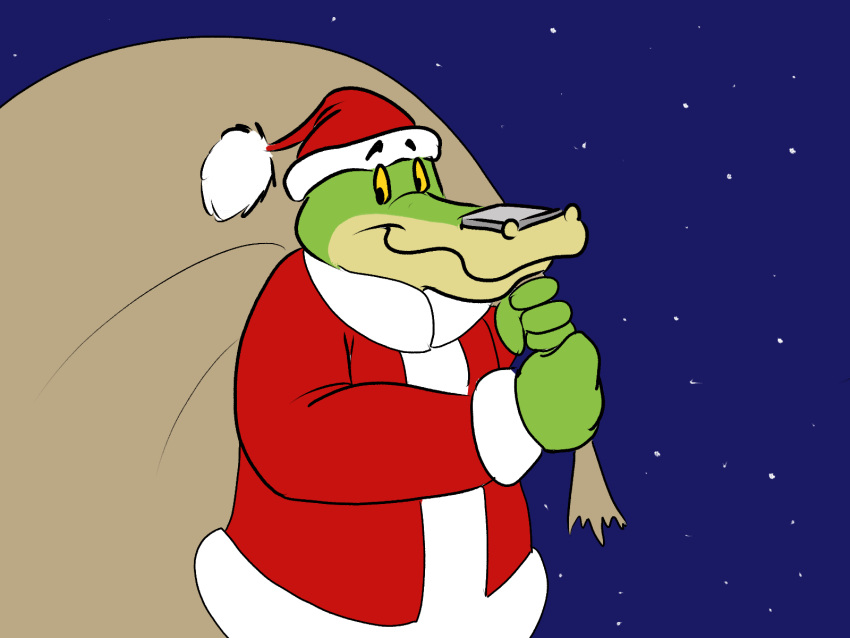 2021 alligator alligatorid anthro biped brok_(character) brok_the_investigator christmas christmas_clothing christmas_headwear clothing crocodilian green_body hat headgear headwear hi_res holidays humanoid_hands reptile santa_claus santa_hat scalie sobieniak solo video_games