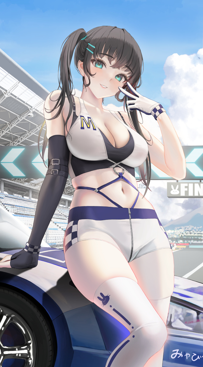 1girl absurdres arm_support asymmetrical_gloves bare_shoulders black_gloves black_hair blue_eyes breasts car cleavage crop_top day elbow_gloves fingerless_gloves garter_straps gloves grin ground_vehicle hair_ornament hairclip hand_up highres large_breasts long_hair looking_at_viewer midriff motor_vehicle navel original outdoors race_queen revealing_clothes shirt short_shorts shorts sidelocks skindentation sleeveless sleeveless_shirt smile solo sports_car stadium standing stomach thighhighs thighs tokkihouse twintails two-tone_shirt v white_gloves white_shorts white_thighhighs wristband