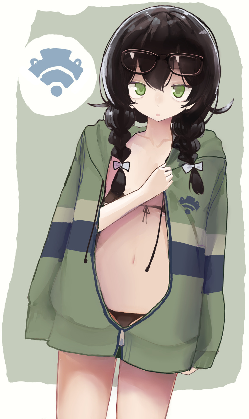 1girl absurdres arm_at_side bangs bikini black-framed_eyewear black_bikini black_hair bow braid cevio collarbone cowboy_shot drawstring eyewear_on_head front-tie_bikini_top front-tie_top glasses green_eyes green_jacket green_pupils hair_between_eyes hair_bow hanakuma_chifuyu hand_up highres hood hood_down hooded_jacket jacket legs_apart long_hair long_sleeves micro_bikini microa multiple_hair_bows navel sleeves_past_wrists solo swimsuit synthesizer_v twin_braids white_bow zipper_pull_tab