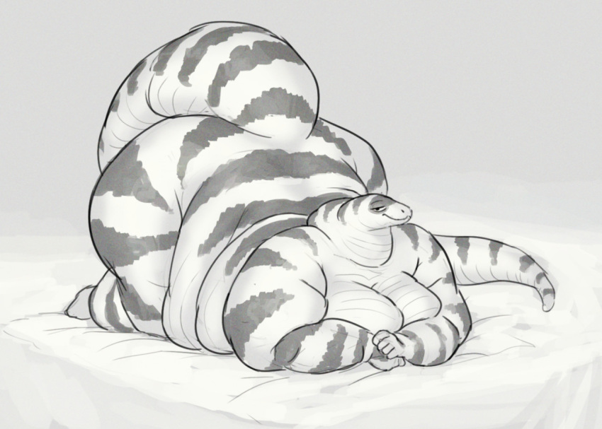 2020 anthro bedroom_eyes black_and_white breasts california_kingsnake cettus cleavage clothed clothing female kneeling kneeling_on_bed lying maeve_gibson monochrome narrowed_eyes nude obese obese_anthro obese_female on_front overweight overweight_anthro overweight_female reptile scalie seductive simple_background small_head snake solo striped_body stripes wide_hips