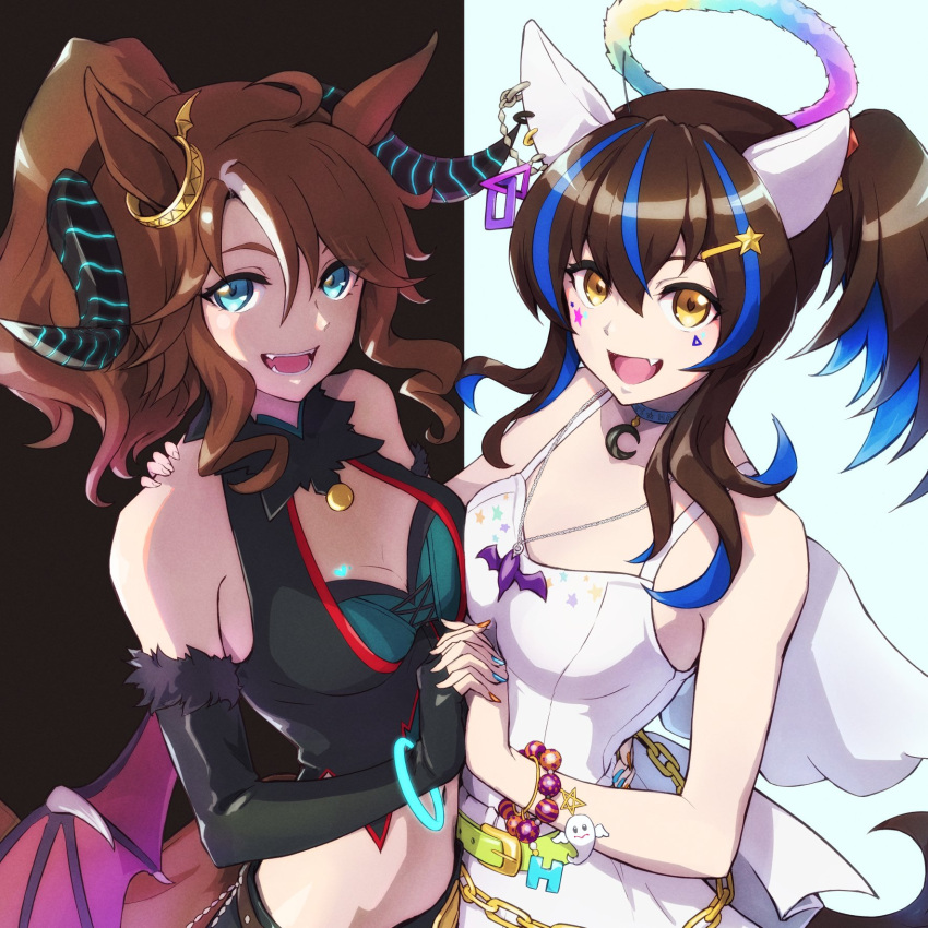 2girls :d ahoge animal_ears bangs bare_shoulders black_background black_gloves blue_background blue_choker blue_hair blue_nails blush breasts brown_hair choker cleavage collarbone commentary_request crescent daitaku_helios_(sunshine_angel)_(umamusume) daitaku_helios_(umamusume) days_in_a_flash_(umamusume) demon_wings dress elbow_gloves facial_mark fake_halo fake_wings fang fingerless_gloves fur-trimmed_gloves fur_trim gloves hair_between_eyes highres holding_hands horns horse_ears horse_girl horse_tail interlocked_fingers looking_at_viewer low_wings medium_breasts mejiro_palmer_(devil_in_the_moonlight)_(umamusume) mejiro_palmer_(umamusume) mini_wings multicolored_hair multiple_girls nail_polish orange_nails pink_wings ponytail sleeveless sleeveless_dress smile star_(symbol) streaked_hair tail tenkey2022 two-tone_background two-tone_hair umamusume white_dress white_wings wings