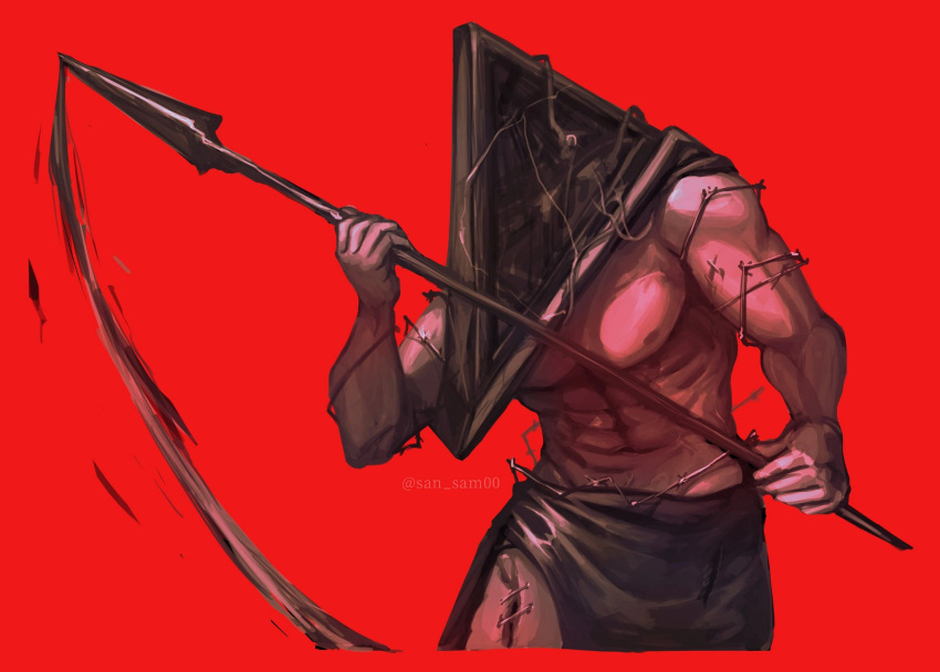 1boy barbed_wire caad014 cropped_legs facing_to_the_side hands_up highres holding holding_polearm holding_weapon male_focus object_head polearm pyramid_head red_background side_slit silent_hill_(series) simple_background solo standing stitches toned toned_male topless_male weapon