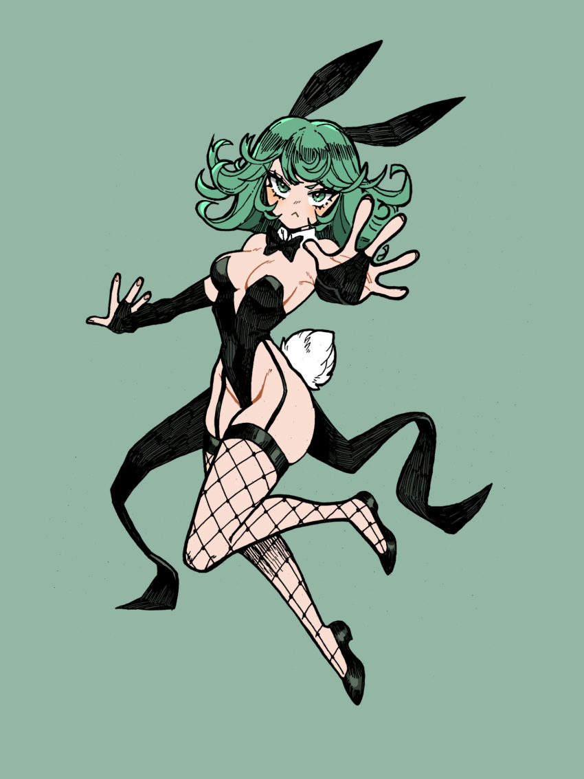 1girl :&lt; abottleofstars animal_ears bare_hips bare_shoulders blush bow bowtie breasts bridal_gauntlets curly_hair detached_collar fake_animal_ears fishnet_thighhighs fishnets green_background green_eyes green_hair highres looking_at_viewer medium_breasts medium_hair one-punch_man outstretched_arms playboy_bunny rabbit_ears rabbit_tail simple_background solo tail tatsumaki thighhighs