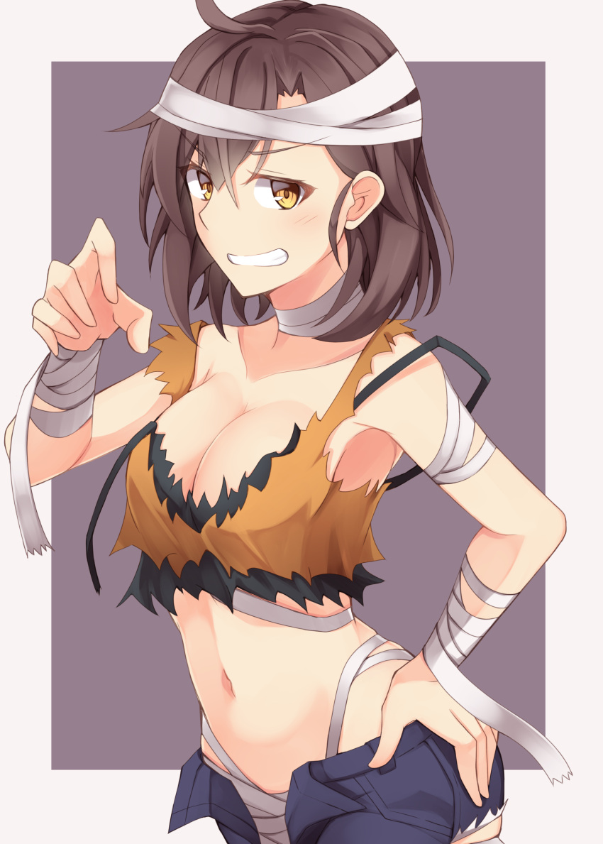 1girl absurdres bandaged_arm bandaged_head bandages bare_shoulders blue_shorts blush breasts brown_background brown_eyes brown_hair claw_pose cleavage collarbone commentary_request grin halloween hand_up highres kuzukiri_(riezenagel) looking_at_viewer medium_breasts navel open_clothes open_fly open_shorts original short_shorts shorts smile solo two-tone_background