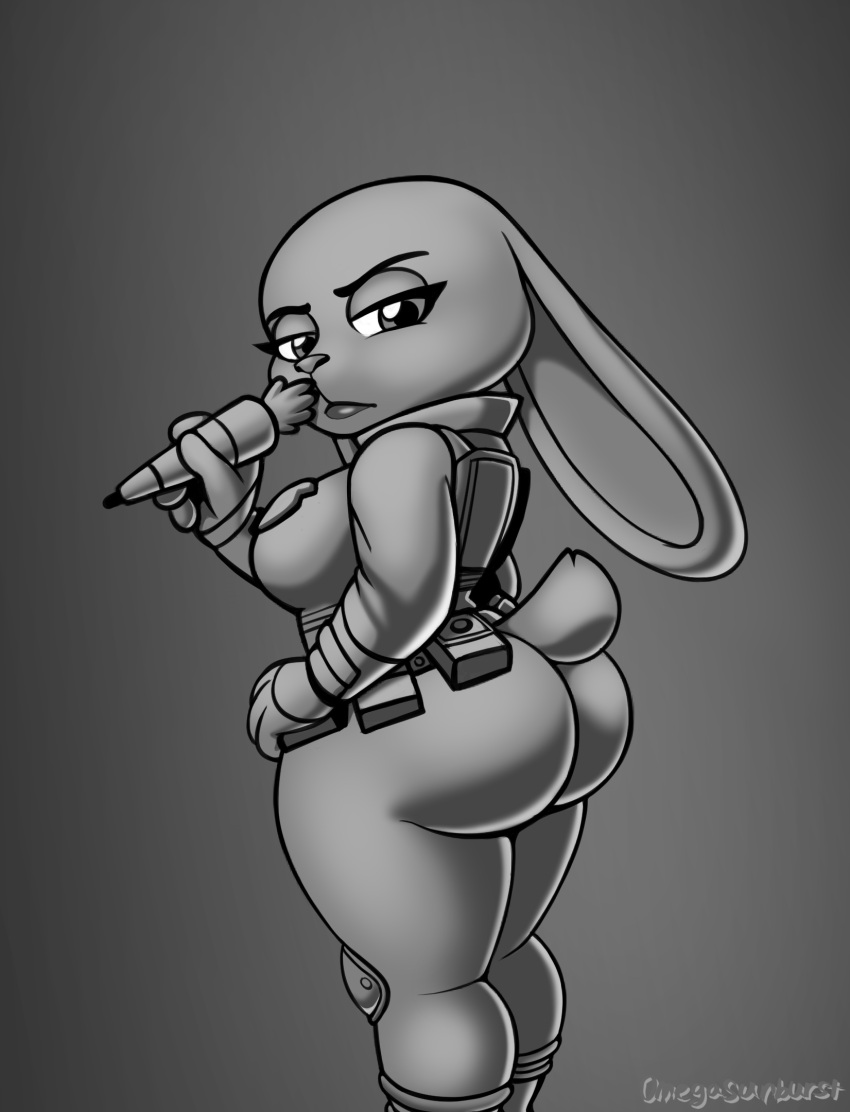 2022 anthro big_butt breasts butt carrot clothing disney ears_down english_text female food hi_res huge_butt judy_hopps lagomorph leporid looking_at_viewer looking_back mammal monochrome omegasunburst pen pivoted_ears plant police_uniform rabbit solo text thick_thighs uniform vegetable zootopia