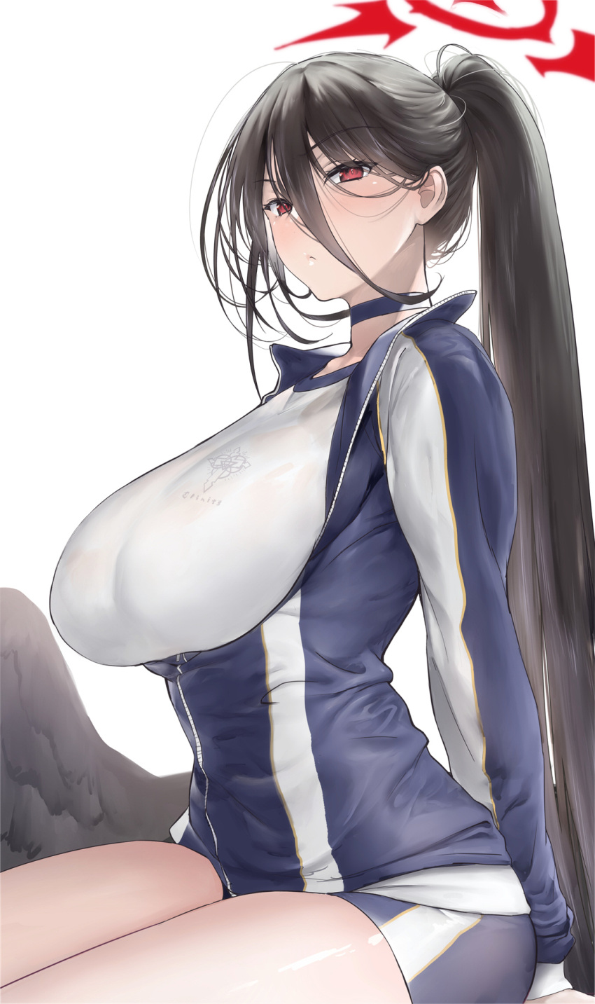 1girl black_hair black_wings blue_archive blue_jacket blue_shorts blush breasts choker collarbone feathered_wings hair_between_eyes halo hasumi_(blue_archive) hasumi_(gym_uniform)_(blue_archive) high_ponytail highres huge_breasts jacket long_hair long_sleeves looking_at_viewer low_wings mole mole_under_eye red_eyes shino_(comic_penguin_club) shirt short_shorts shorts sitting solo thighs very_long_hair white_shirt wings