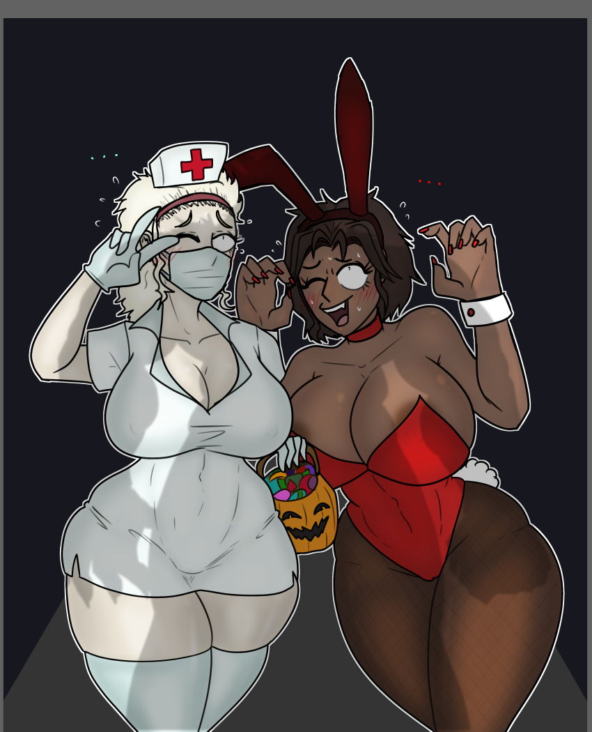 absurd_res big_breasts blonde_hair bodily_fluids breasts brown_hair bunny_costume clothing costume dark_body dark_skin duo fake_ears fake_rabbit_ears female female/female hair halloween hat headgear headwear hi_res holidays huge_breasts human legwear looming mammal mask nurse nurse_clothing nurse_hat nurse_headwear scared shadow shocked sweat thebigjunni thick_thighs thigh_highs wide_hips