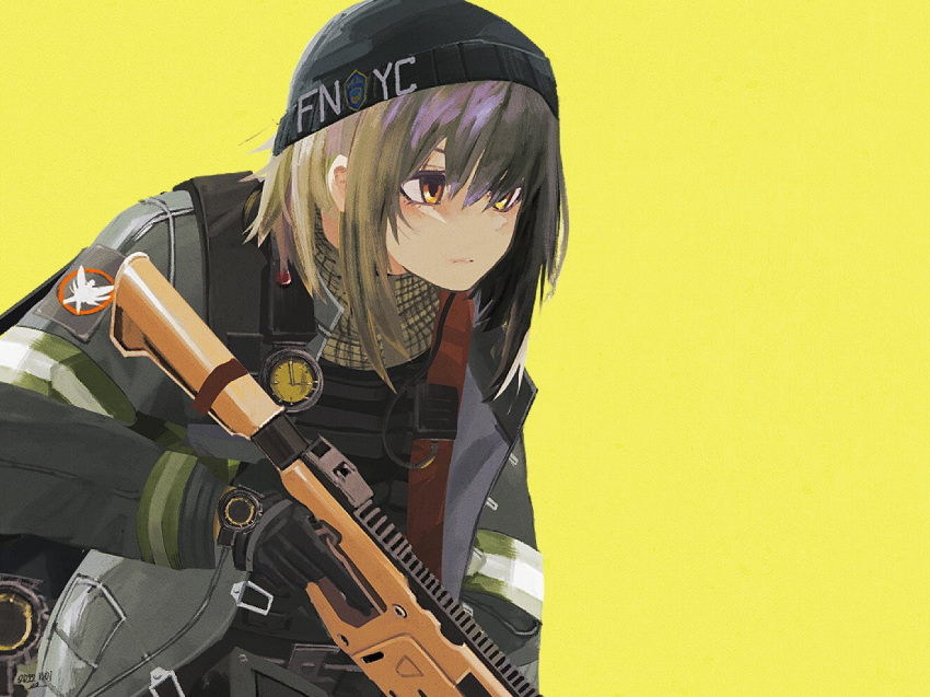 1girl agent_vector_(girls'_frontline) crossover emblem firefighter firefighter_jacket girls'_frontline gun holding holding_gun holding_weapon jacket kanoe_(kanoe502) kriss_vector new_york_city_fire_department official_alternate_costume scarf solo submachine_gun tom_clancy's_the_division watch weapon woollen_cap wristwatch