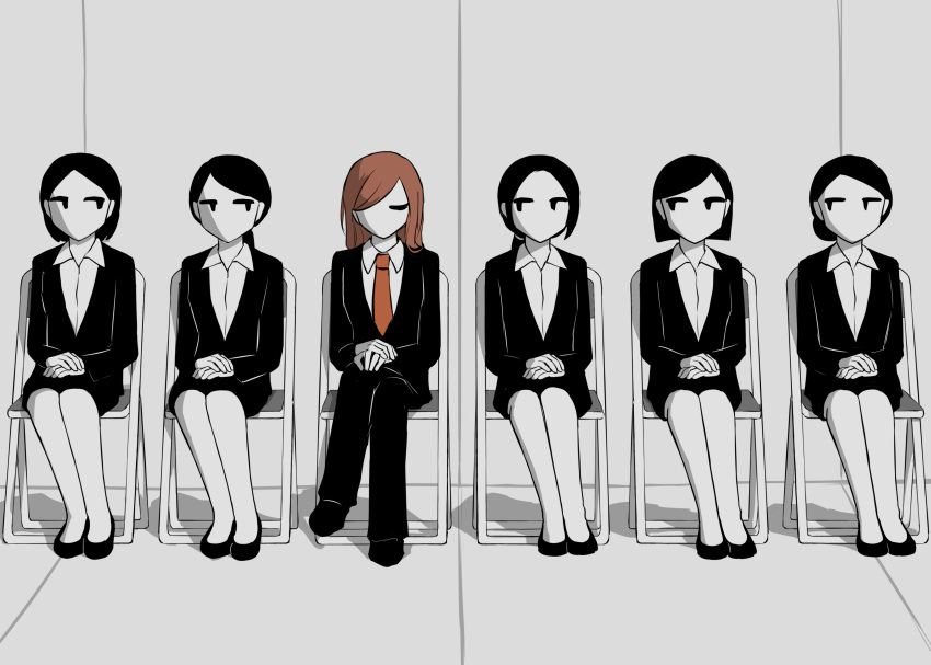 6+girls absurdres avogado6 black_hair brown_hair chair closed_eyes commentary crossed_legs folding_chair formal hair_bun hair_over_one_eye hand_on_lap highres jitome long_hair long_sleeves looking_at_another multiple_girls necktie original pencil_skirt ponytail red_necktie short_hair sitting skirt