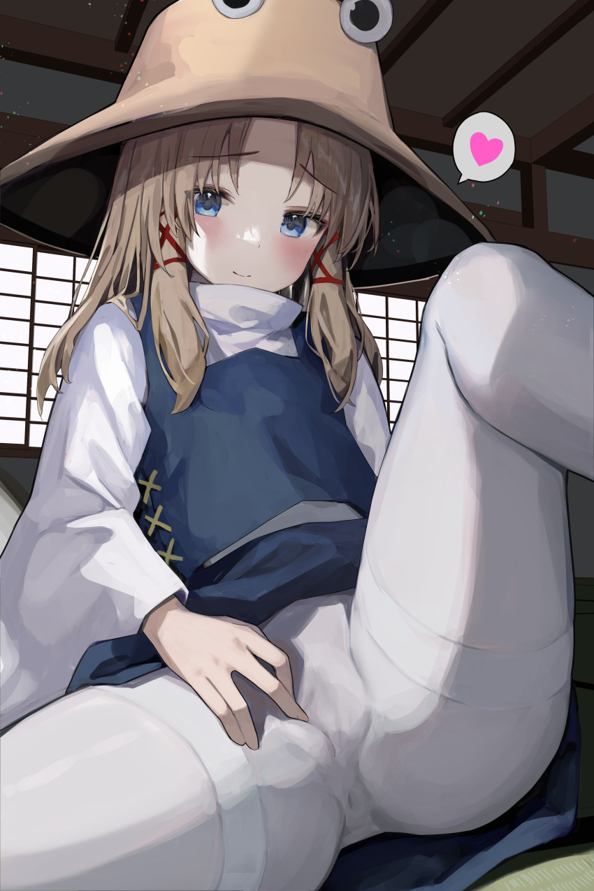 1girl absurdres ass blonde_hair blue_eyes blush hair_ribbon hat heart highres indoors light_smile looking_at_viewer mamemochi medium_hair moriya_suwako pantyhose ribbon sitting solo spoken_heart spread_legs spread_pussy_under_clothes tatami tights_day touhou white_pantyhose window