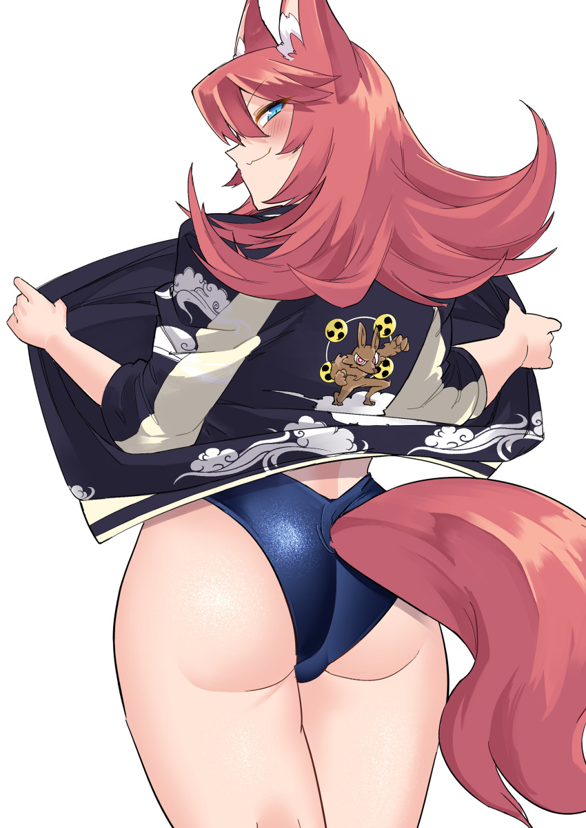 1girl absurdres animal_ears ass back backless_swimsuit black_jacket blue_eyes blue_one-piece_swimsuit competition_swimsuit cowboy_shot firo_(shiboritoranaide_onna_shounin-san) from_behind highleg highleg_swimsuit highres jacket long_hair long_sleeves looking_at_viewer looking_back one-piece_swimsuit open_clothes open_jacket poolside red_hair shiboritoranaide_onna_shounin-san shun_soku smile solo swimsuit swimsuit_under_clothes tail wolf_ears wolf_tail