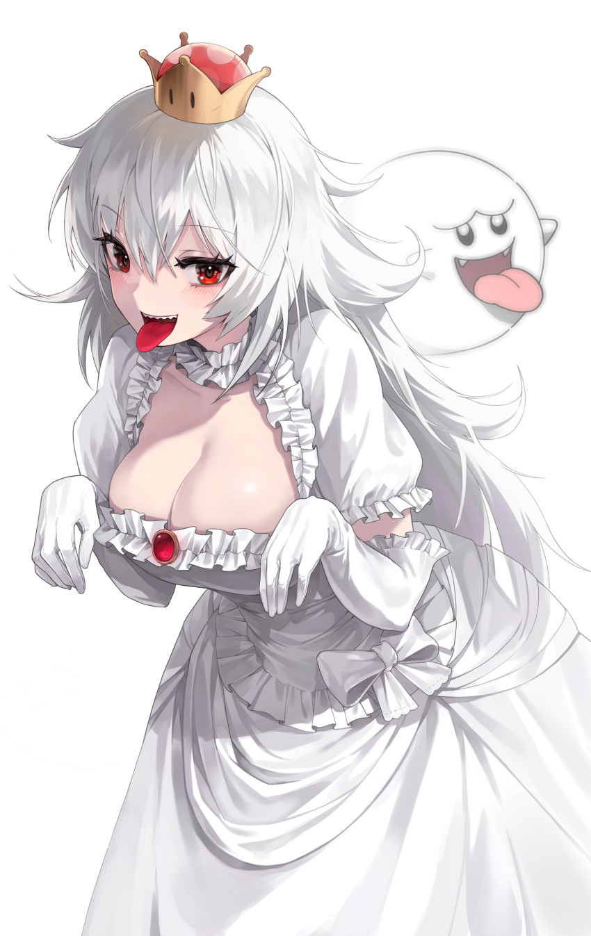 1girl absurdres bangs black_eyes blush boo_(mario) bow breasts brooch cleavage commentary crown dress elbow_gloves fangs frilled_dress frilled_sleeves frills gem ghost gloves hair_between_eyes hands_up happy highres jewelry k_hottok large_breasts leaning_forward long_hair looking_at_viewer mario_(series) messy_hair mini_crown new_super_mario_bros._u_deluxe open_mouth princess_king_boo red_eyes red_gemstone sharp_teeth shiny shiny_skin short_sleeves sidelocks simple_background smile solo_focus standing super_crown teeth tongue tongue_out very_long_hair white_background white_bow white_dress white_gloves white_hair white_theme yellow_headwear