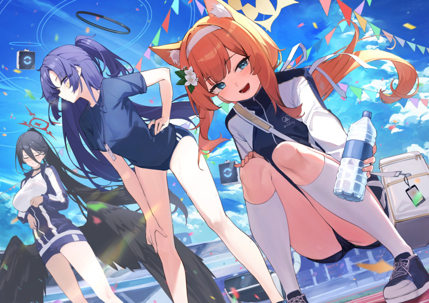 3girls 7gao animal_ear_fluff animal_ears black_hair black_wings blue_archive blue_buruma blue_eyes blue_footwear blue_hair blue_shirt blue_sky bottle breasts buruma closed_eyes cloud day flower gym_uniform hair_flower hair_ornament hairband halo hand_on_hip hasumi_(blue_archive) hasumi_(gym_uniform)_(blue_archive) highres holding holding_bottle jacket large_breasts long_hair long_sleeves looking_at_viewer low_wings mari_(blue_archive) mari_(gym_uniform)_(blue_archive) multiple_girls official_alternate_costume open_mouth orange_hair outdoors ponytail shirt shoes short_sleeves sky smile sneakers socks squatting standing track_jacket two_side_up water_bottle white_hairband white_shirt white_socks wings yuuka_(blue_archive) yuuka_(gym_uniform)_(blue_archive)