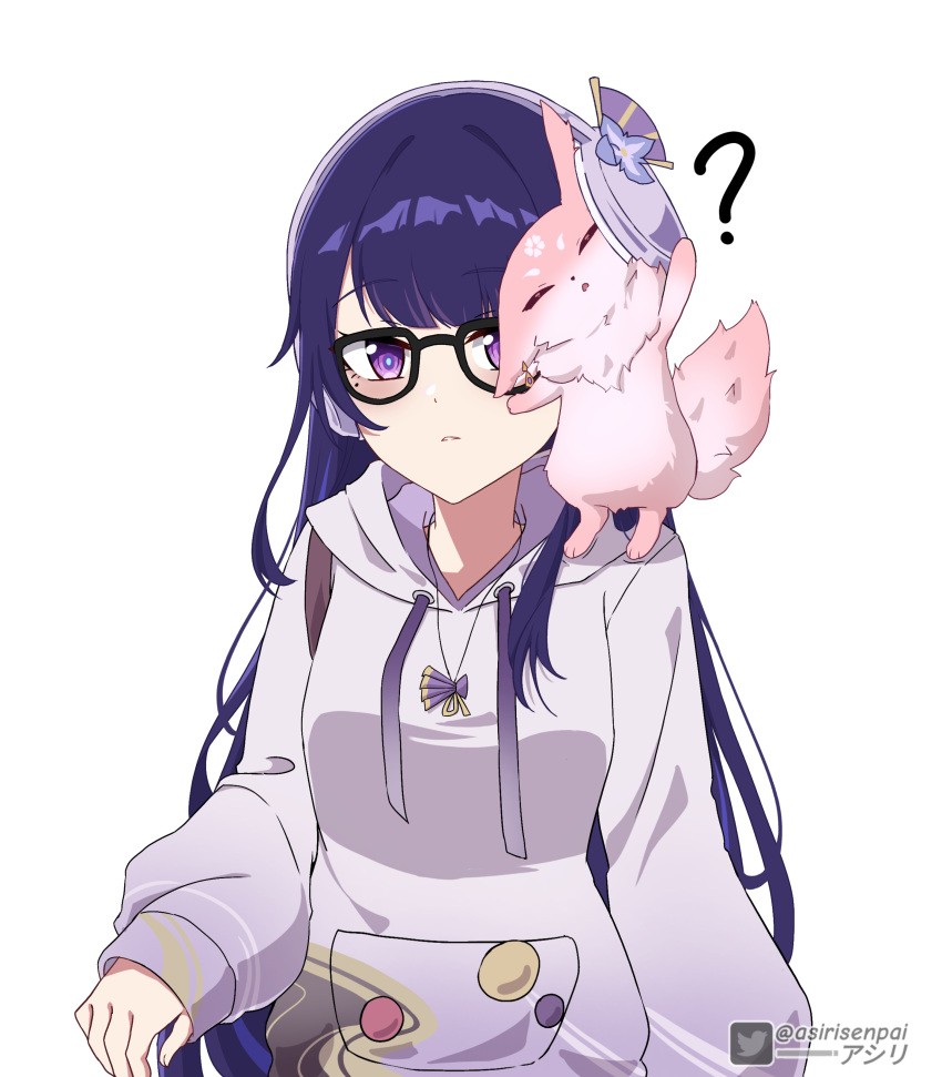 1girl ? absurdres alternate_costume alternate_hairstyle asiri_senpai bangs bespectacled blunt_bangs casual commentary contemporary earrings english_commentary fox genshin_impact glasses hair_down headphones highres hood hooded_sweater jewelry long_sleeves looking_at_another mole mole_under_eye necklace purple_eyes purple_hair raiden_shogun short_hair sidelocks simple_background sweater twitter_username white_background yae_miko yae_miko_(fox)