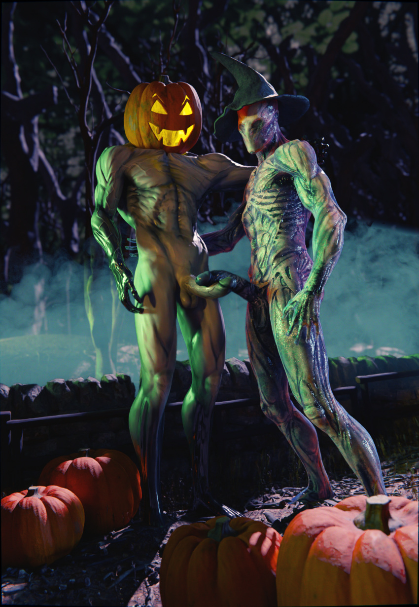 3d_(artwork) alien digital_media_(artwork) duo erection food fruit genitals halloween hi_res holidays humanoid jack-o'-lantern looking_at_viewer male male/male monster mortal_shell muscular not_furry nude outlast penis plant pumpkin pumpkin_head ralic_turman spirit video_games walrider_(outlast)