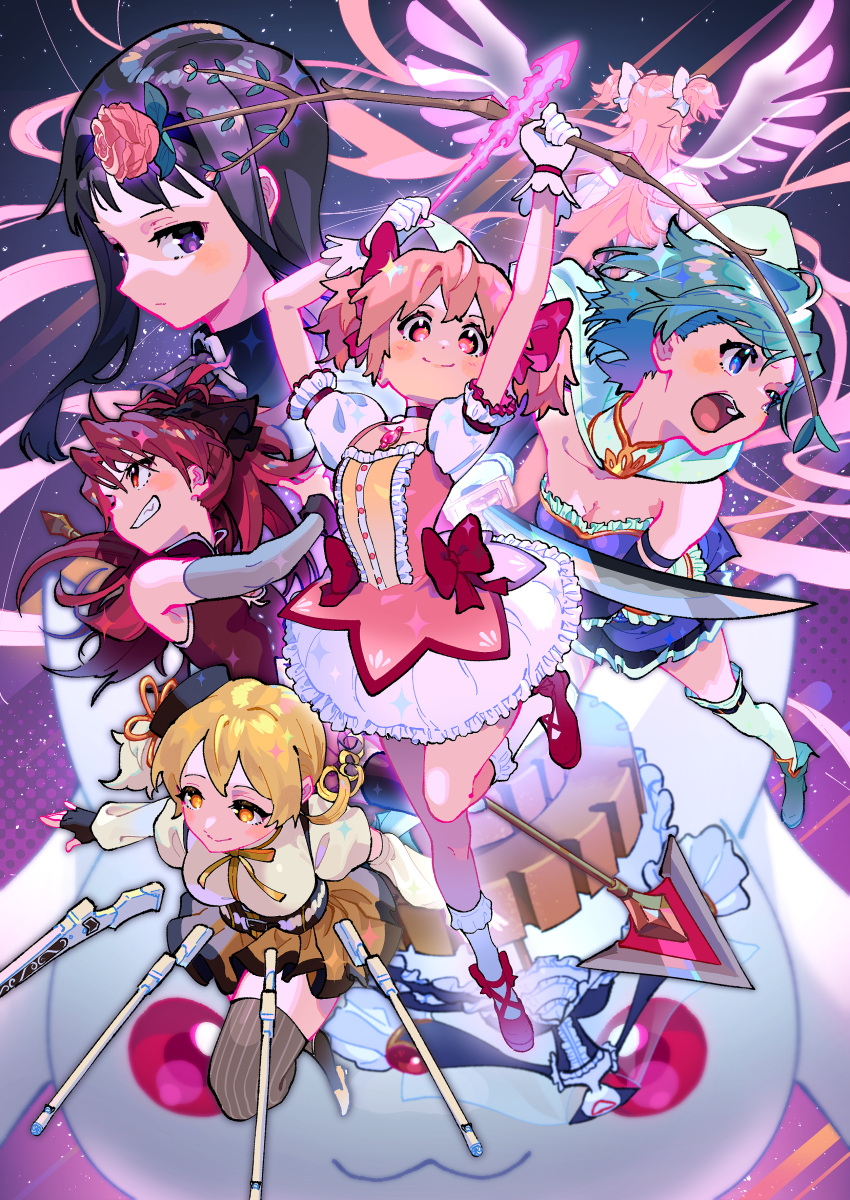 5girls absurdres akemi_homura black_eyes black_gloves black_hair blonde_hair blue_eyes blue_hair bow_(weapon) cape detached_sleeves drill_hair dual_persona fingerless_gloves gloves grey_sleeves hair_ribbon highres kaname_madoka kyubey long_hair magical_girl mahou_shoujo_madoka_magica miki_sayaka multiple_girls parted_lips pink_eyes pink_hair red_footwear red_hair red_ribbon ribbon sakura_kyouko shoes short_hair short_sleeves sleeveless smile socks strapless thighhighs tomoe_mami twin_drills twintails ultimate_madoka weapon white_cape white_socks yellow_eyes yooki_(winter_cakes)