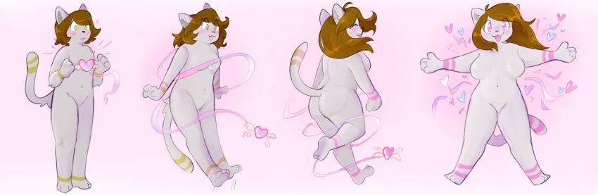 &lt;3 anthro big_breasts blush breasts domestic_cat felid feline felis female gender_transformation girly grey_body happy hi_res luna_(graycatluna) male male_to_female mammal nude pawberry pink_eyes solo transformation yellow_eyes