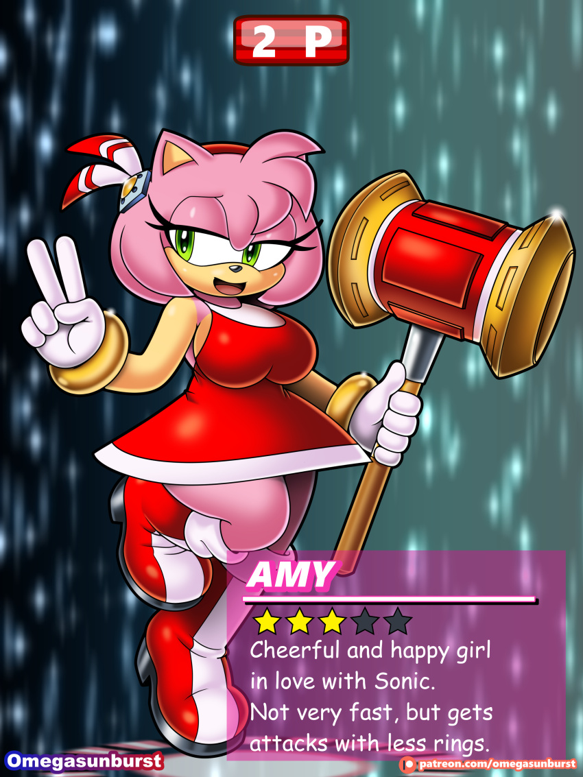 absurd_res amy_rose anthro backless_dress boots breasts character_select clothing dress english_text eulipotyphlan female footwear gesture hammer head_feathers hedgehog hi_res high_heeled_boots high_heels mammal omegasunburst open_mouth open_smile sega smile solo sonic_the_hedgehog_(series) star text tools v_sign