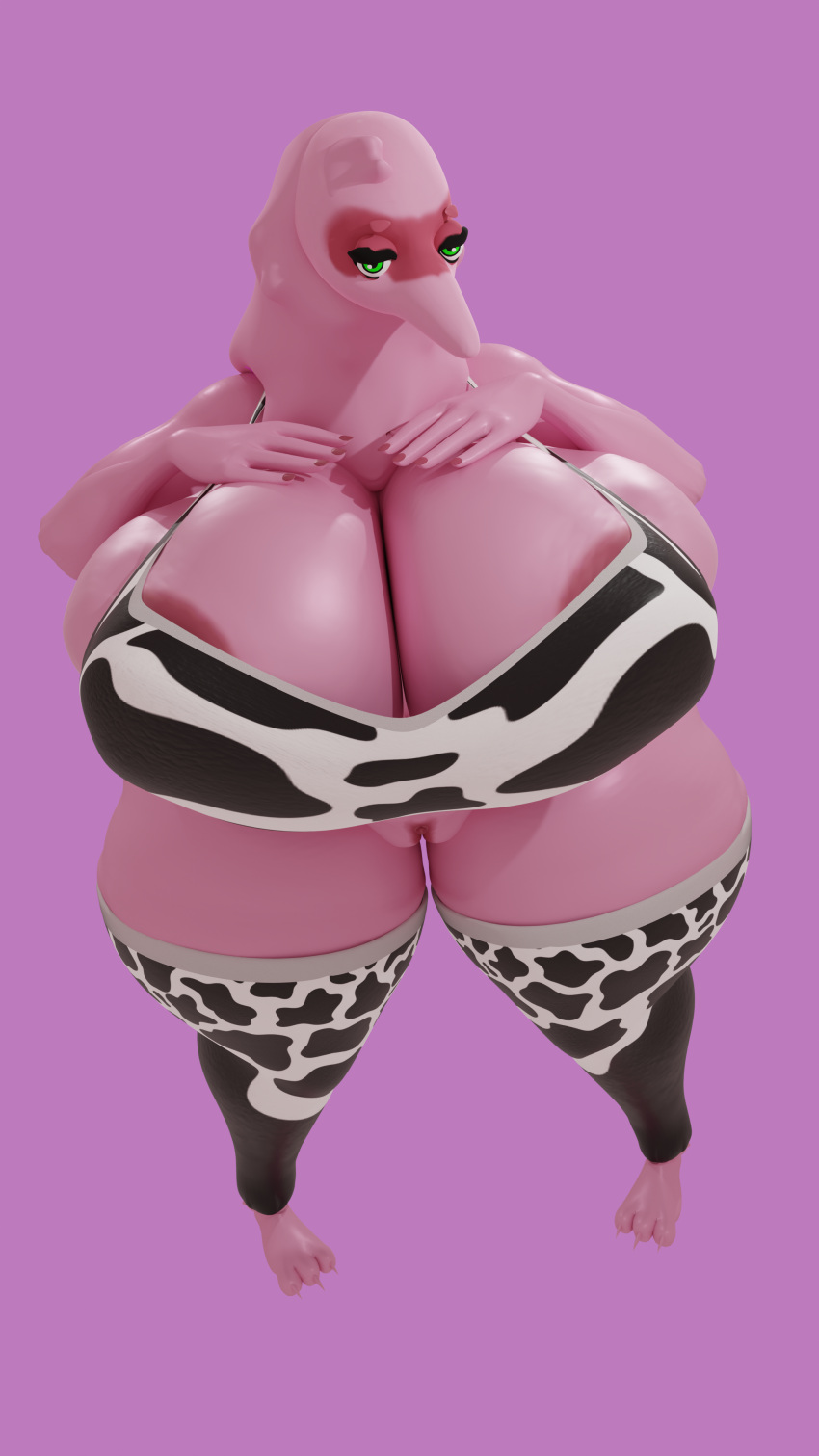 2022 3_toes 3d_(artwork) 4k absurd_res animal_print anthro areola areola_slip balls big_breasts big_penis blender_(software) bodily_fluids breast_squish breasts claws clothing cow_print curvy_figure digital_media_(artwork) dunkin_kk_(artist) feet female genital_fluids genitals green_eyes hair hi_res legwear mookini noodles_(dunkin_kk) penis pink_background pink_body pink_hair pink_penis portrait precum saggy_balls simple_background solo squirmle squish thick_thighs thigh_highs tight_clothing toe_claws toes voluptuous wide_hips