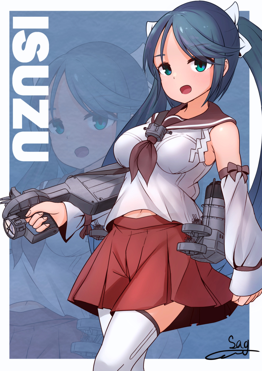 1girl absurdres blue_eyes blue_hair breasts brown_neckerchief brown_sailor_collar detached_sleeves highres isuzu_(kancolle) kantai_collection long_hair medium_breasts miniskirt neckerchief pleated_skirt red_skirt rigging sailor_collar school_uniform serafuku shirasagi-shi skirt smokestack thighhighs twintails white_thighhighs zoom_layer