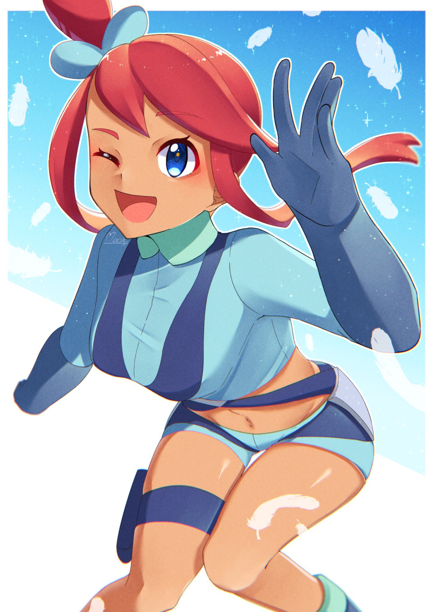 1girl ;d arm_up blue_eyes blue_jacket blue_shorts border commentary_request cropped_jacket feathers hair_ornament highres jacket mocacoffee_1001 navel one_eye_closed one_side_up open_mouth pokemon pokemon_(game) pokemon_bw red_hair short_hair_with_long_locks short_shorts shorts sidelocks skyla_(pokemon) smile solo thigh_pouch tongue turtleneck white_border