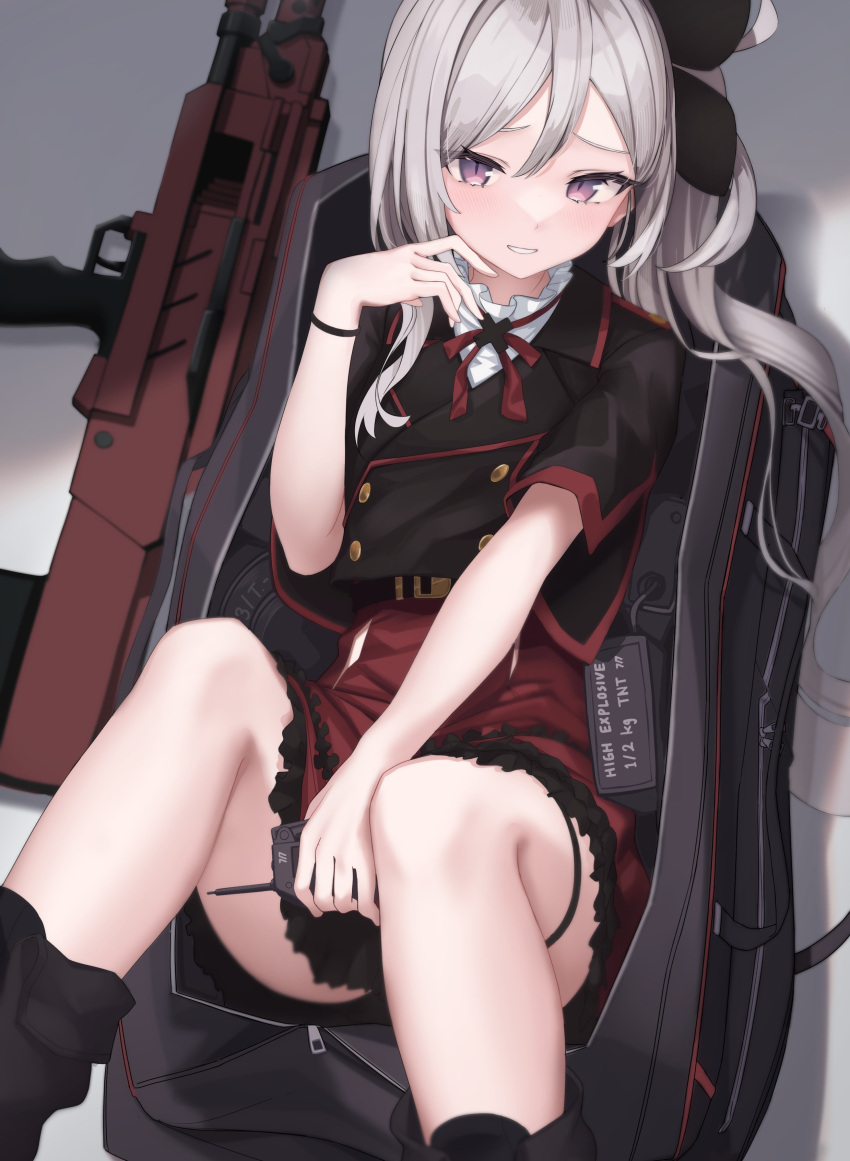 1girl absurdres bag blue_archive controller detonator duffel_bag grey_hair gun h&amp;k_mg5 highres holding holding_remote_control hvar127 in_bag in_container long_hair machine_gun mutsuki_(blue_archive) pleated_skirt purple_eyes red_skirt remote_control side_ponytail skirt smile solo weapon zipper_pull_tab