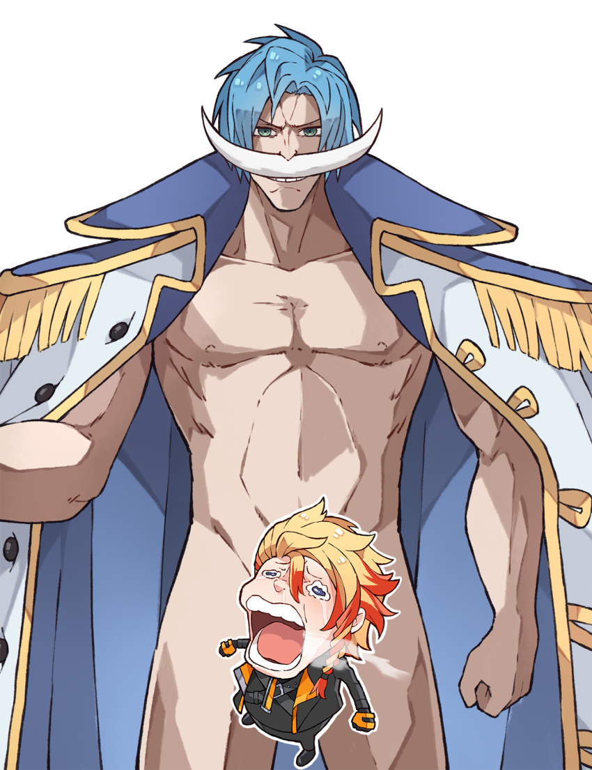 alternate_costume arm_at_side axel_syrios blue_hair censored character_censor chopper_crying_(meme) clenched_hand coat commentary cosplay edward_newgate edward_newgate_(cosplay) english_commentary facial_hair grin highres holostars holostars_english kukie-nyan looking_at_viewer male_focus meme muscular muscular_male mustache naked_coat novelty_censor regis_altare smile solo the_one_piece_is_real_(meme)