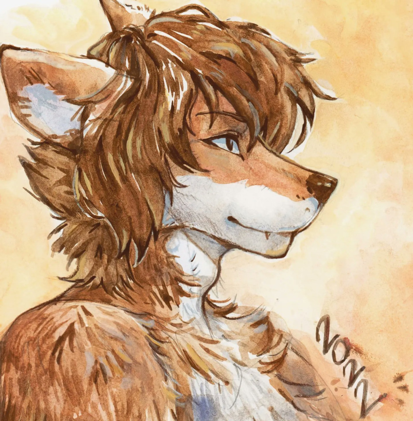 2022 akatan_art anthro brown_body brown_fur brown_hair bust_portrait canid chest_tuft closed_smile dated fur hair hi_res male mammal mouth_closed nude portrait side_view simple_background solo tuft white_body white_fur