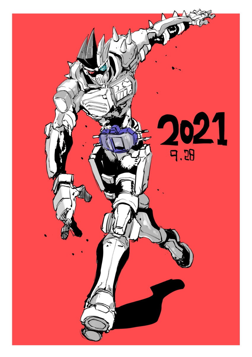 1boy 2021 armor birthday black_bodysuit blue_eyes bodysuit cowboy_shot dangerous_zombie_level_x dated happy_birthday highres ichitaka_(1015ichitaka) kamen_rider kamen_rider_ex-aid_(series) kamen_rider_genm legs legs_apart male_focus outside_border pose red_background red_eyes rider_belt september shoulder_spikes skeleton spikes zombie