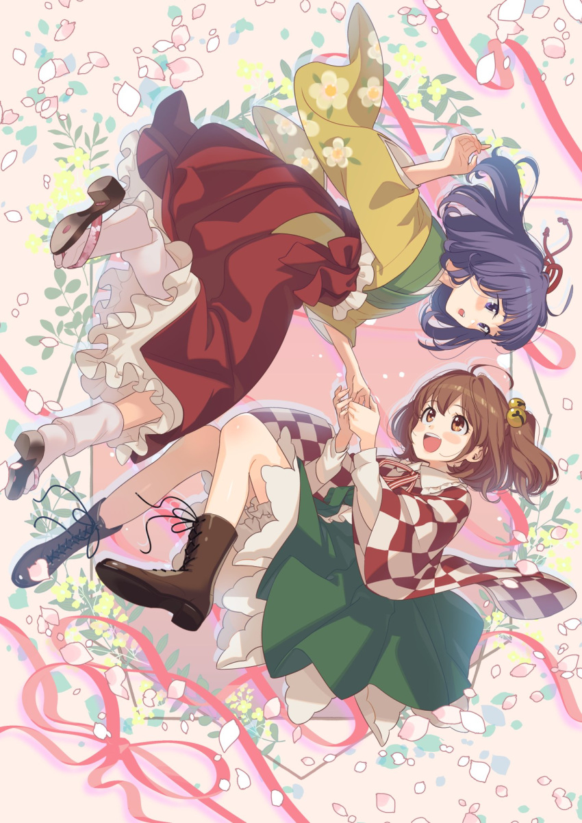 2girls :d ahoge bangs bell bloomers blush boots brown_eyes brown_footwear brown_hair checkered_clothes checkered_kimono commentary floral_print frilled_skirt frills full_body green_kimono green_skirt hair_bell hair_ornament hand_grab hieda_no_akyuu highres japanese_clothes kimono layered_clothes layered_kimono long_sleeves looking_at_another medium_hair motoori_kosuzu multiple_girls open_mouth petals purple_eyes purple_hair red_kimono red_skirt sandals side_slit skirt smile socks touhou two-tone_kimono two_side_up underwear white_kimono white_socks yellow_kimono yokujitsu