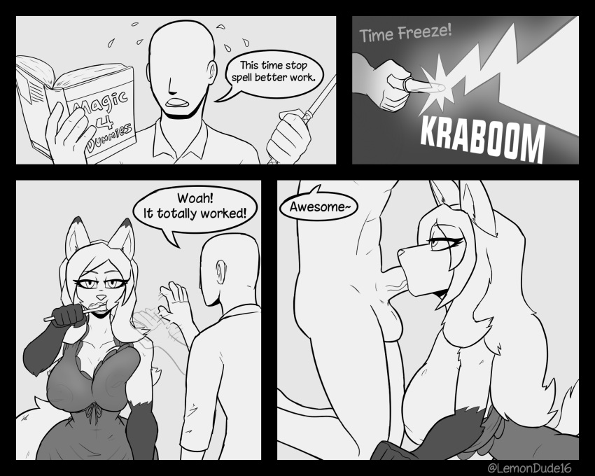 2022 4_panel_comic 5:4 anthro anthro_penetrated areola balls biped book breast_squish breasts canid canine canis claire cleavage clothed clothing comic dialogue duo fellatio female female_penetrated forced fox fur genitals hair hi_res human human_on_anthro human_penetrating human_penetrating_anthro interspecies lemondude magic magic_wand male male/female male_on_anthro male_penetrating male_penetrating_anthro male_penetrating_female mammal nipples nude oral oral_penetration penetration penile penis penis_in_mouth rape reading reading_book sex simple_background speech_bubble spell spellcasting squish time_stop translucent translucent_clothing vein veiny_penis