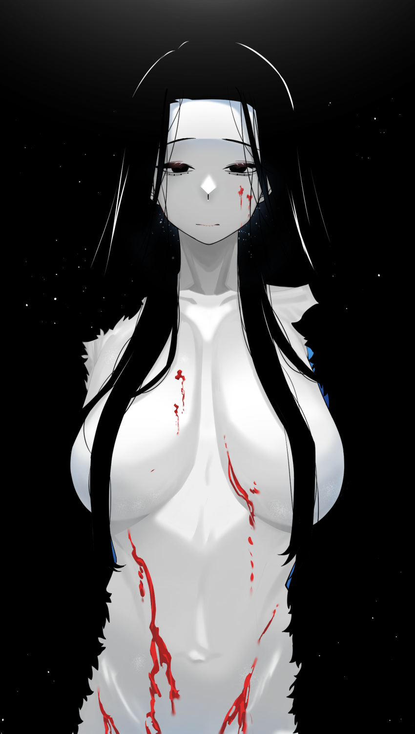 1girl absurdres black_background black_coat black_hair blending blood blood_on_breasts blood_on_face breasts breasts_apart coat convenient_censoring covered_nipples empty_eyes expressionless forehead fur-trimmed_coat fur_trim highres invincible_dragon_(last_origin) large_breasts last_origin long_hair looking_at_viewer naked_coat navel out-of-frame_censoring rhlatm solo very_long_hair