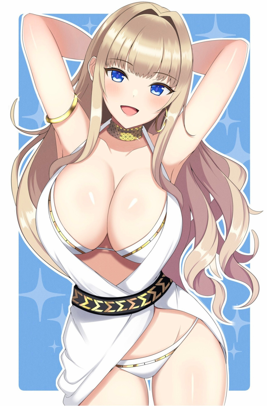 1girl :d armlet arms_behind_head arms_up bangs bare_arms bare_shoulders belt bikini bikini_under_clothes black_belt blonde_hair blue_background blue_eyes blush border breasts cleavage collarbone commentary_request cowboy_shot dolphin_wave dress earrings glint gold_trim groin hair_intakes halter_dress halterneck head_tilt highres hoop_earrings jewelry kirahoshi_kanna large_breasts long_hair looking_at_viewer neck_ring open_mouth outline outside_border short_dress sidelocks single_earring smile solo sparkle_background standing surippa1010 swimsuit very_long_hair wavy_hair white_background white_bikini white_border white_dress white_outline