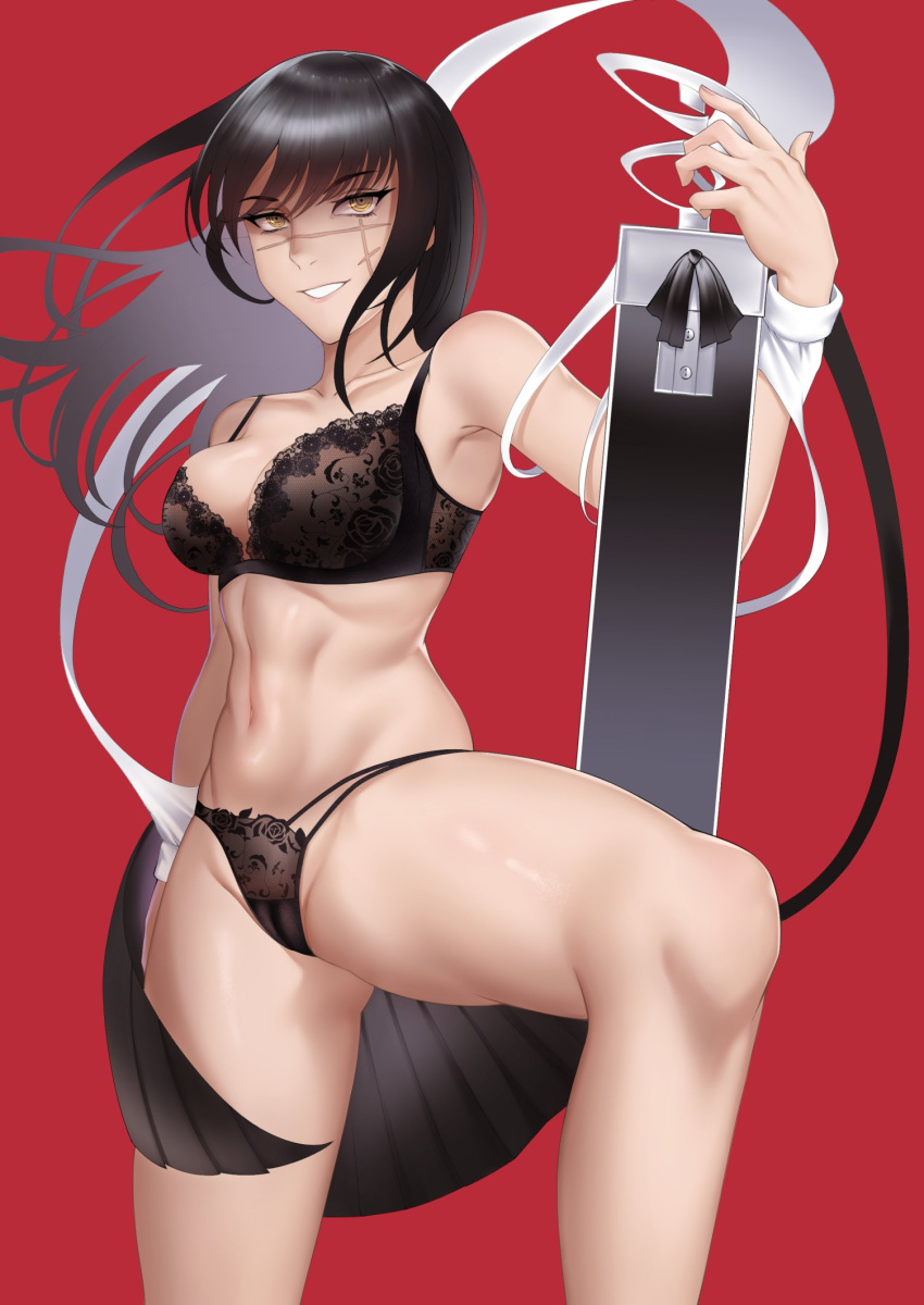 1girl black_bra black_hair black_panties bra breasts chainsaw_man cojohn highres holding holding_sword holding_weapon lace lace_bra lingerie long_hair looking_at_viewer navel panties scar scar_on_cheek scar_on_face simple_background sword underwear weapon yellow_eyes yoru_(chainsaw_man)