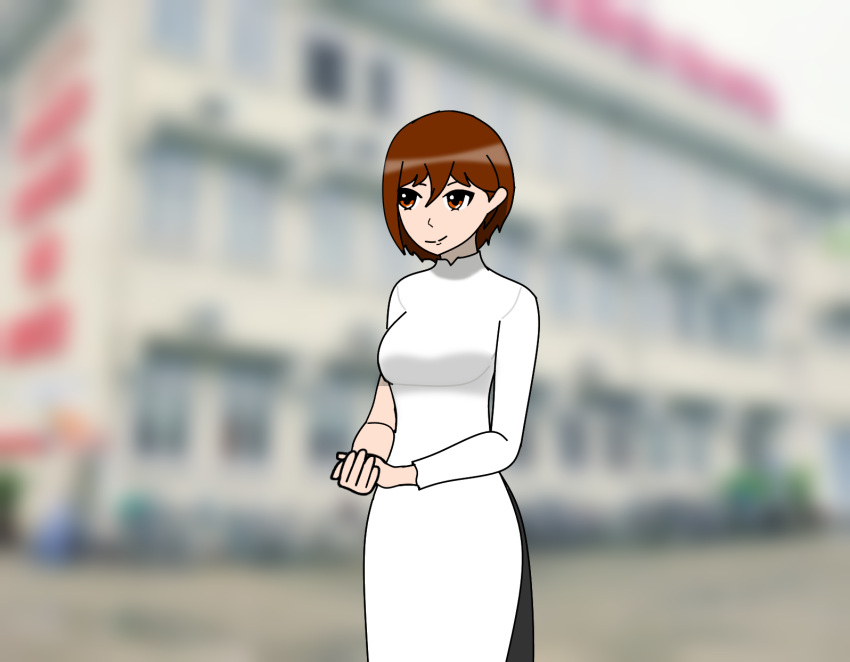 1girl botaro_kubo brown_eyes brown_hair costume dress highres original school_uniform self_upload short_hair smile tomboy trang vietnam vietnamese_dress white_dress