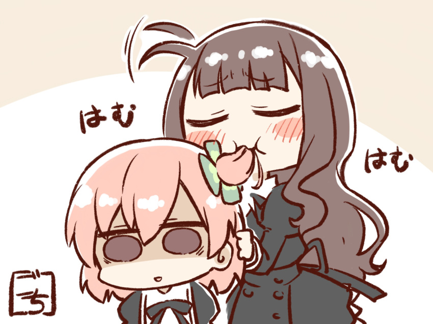 2girls :i ahoge ahoge_wag assault_lily bangs behind_another black_ribbon black_skirt blunt_bangs blush brown_eyes brown_hair buttons chibi closed_eyes closed_mouth clover_hair_ornament commentary_request cropped_jacket eating_hair expressive_hair four-leaf_clover_hair_ornament gochisousama_(tanin050) hair_between_eyes hair_in_mouth hair_ornament hand_in_another's_hair hand_up high-waist_skirt hitotsuyanagi_riri juliet_sleeves kaede_johan_nouvel long_hair long_sleeves looking_away motion_lines multiple_girls neck_ribbon one_side_up orange_background parted_lips pink_hair puffy_sleeves ribbon school_uniform shaded_face short_hair skirt solid_circle_eyes standing translated two-tone_background wavy_hair white_background yuri yurigaoka_girls_academy_school_uniform