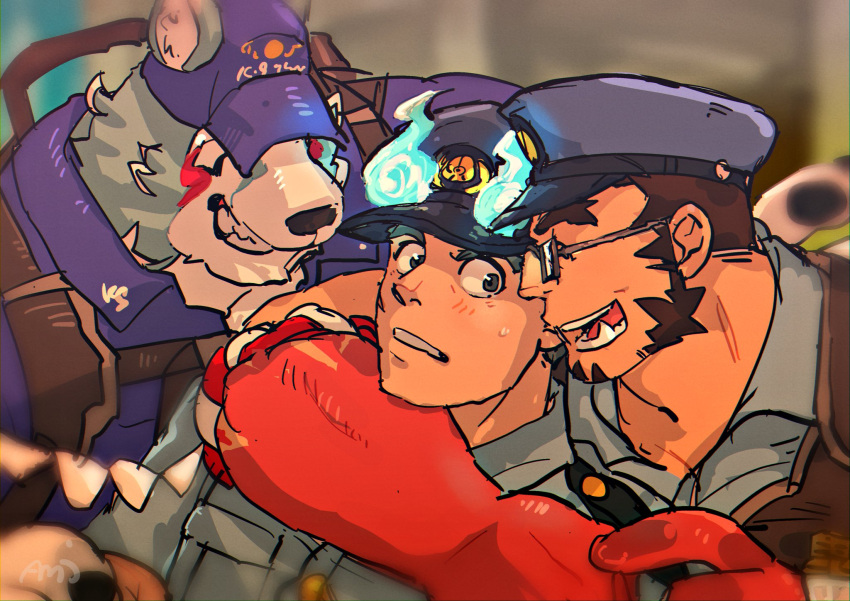 3boys animal_ears arm_around_neck bara blue_fire blue_fur blue_hair blurry blurry_background blush colored_skin commentary_request facial_hair fire forked_eyebrows furry furry_male glasses grin hachimaki hat headband highres long_sideburns looking_at_another male_focus multiple_boys muscular muscular_male nejiri_hachimaki oguchi_magami omoro3bot open_mouth police police_uniform policeman red_skin sakimori_toji scar scar_on_face semi-rimless_eyewear short_hair sideburns smile sweatdrop tajikarao_(housamo) thick_eyebrows tokyo_afterschool_summoners tusks uniform upper_body white_fur wolf_boy wolf_ears