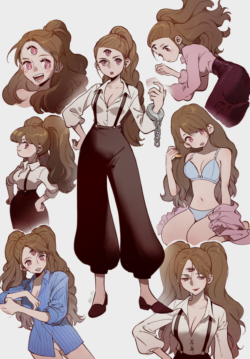 1girl alternate_hairstyle beckoning blue_eyes blush borrowed_garments bra breasts brown_hair charlotte_pudding cleavage collage cuffs deformed drill_hair earrings evil_smile expressions extra_eyes full_body handcuffs happy highres jewelry lipstick long_hair looking_at_viewer makeup mrs.custard no_pants one_piece panties pout smile third_eye twintails underwear underwear_only